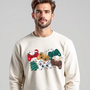 Funny Gamer Sweatshirt Controls Snt Reindeer Tree Cream Unisex S M L XL XXL